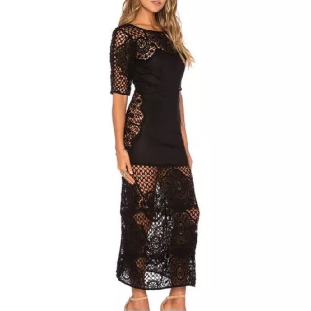 FOR LOVE AND LEMONS Black Gracey Crochet Mesh Midi Dress